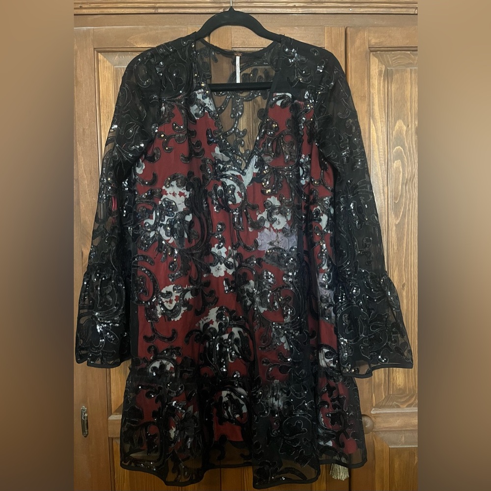 Free People Dress with Sequined  Black Sheer Overlay